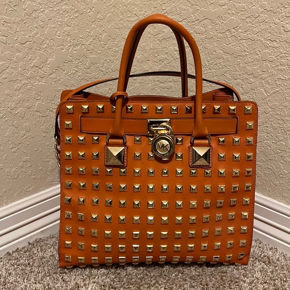 Michael Kors Pyramid Studs Large Hamilton Rare Leather Orange Bag .